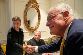 Ukraine President Volodymyr Zelenskyy, left, shakes hands with United States Special Envoy for Ukraine and Russia, Joseph Keith Kellogg, during their meeting in Rome, Italy, Wednesday, July 9